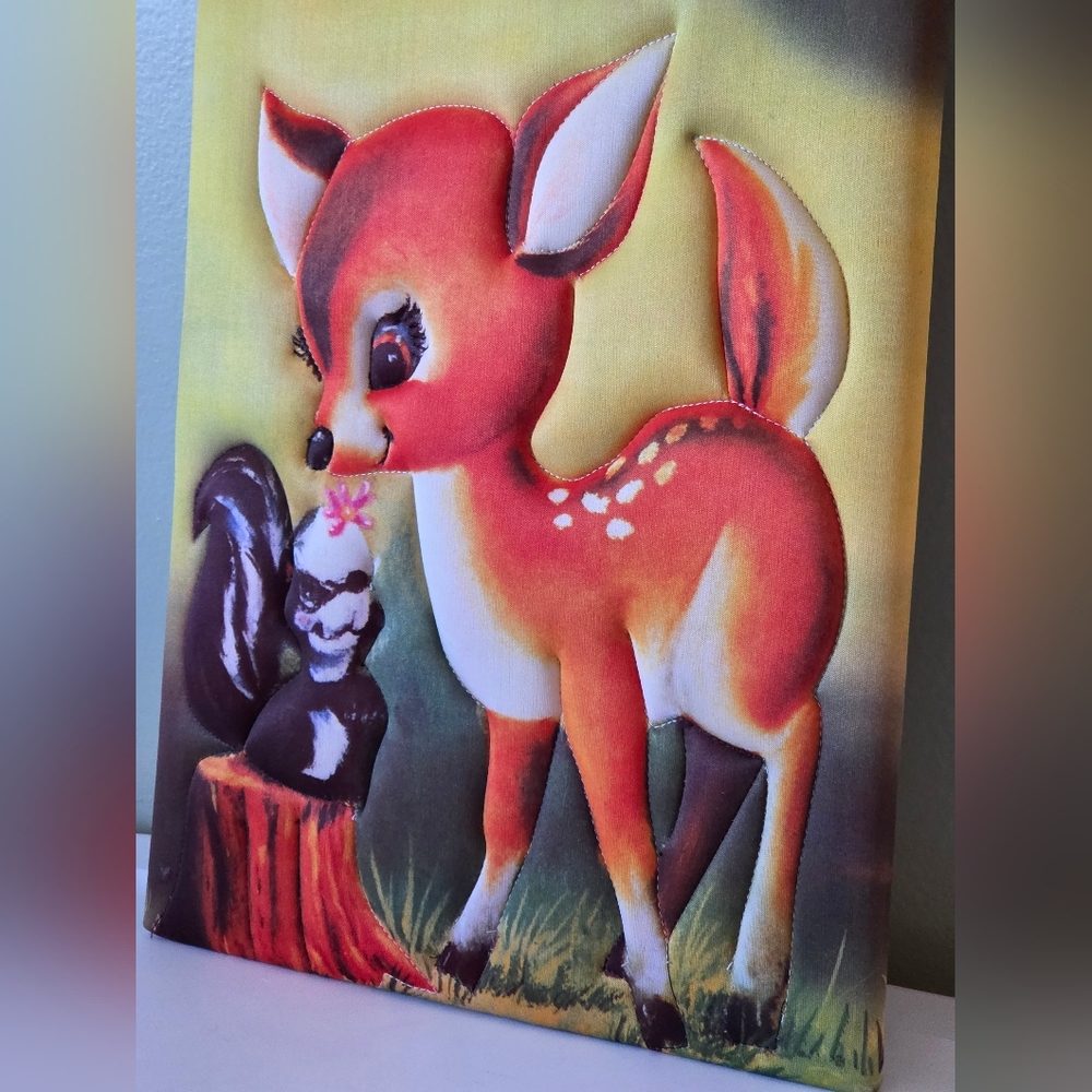 Vintage 1960s Puffy 3D Fabric Bambi & Flower Wall Art Disney Cottagecore Kitsch